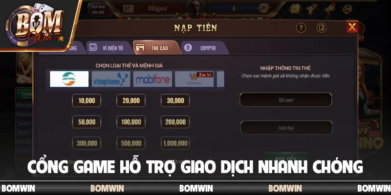 Cổng game hỗ trợ giao dịch nhanh chóng